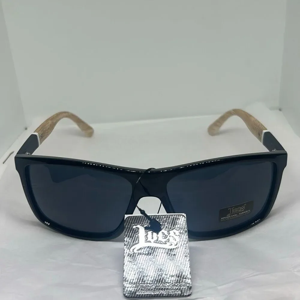 Locs 91155 Hardcore Shades – Rectangular Biker Sunglasses with Woodgrain Print A